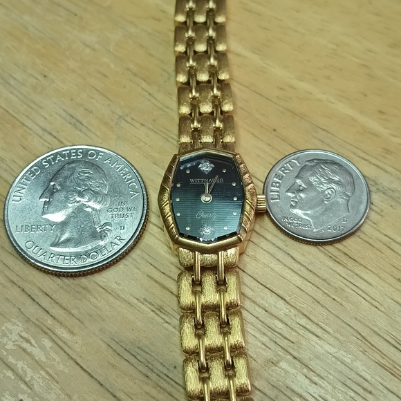 X Ladies gold plated watch, band black dial 2 hand movement diamond at 12 - Picture 3 of 9